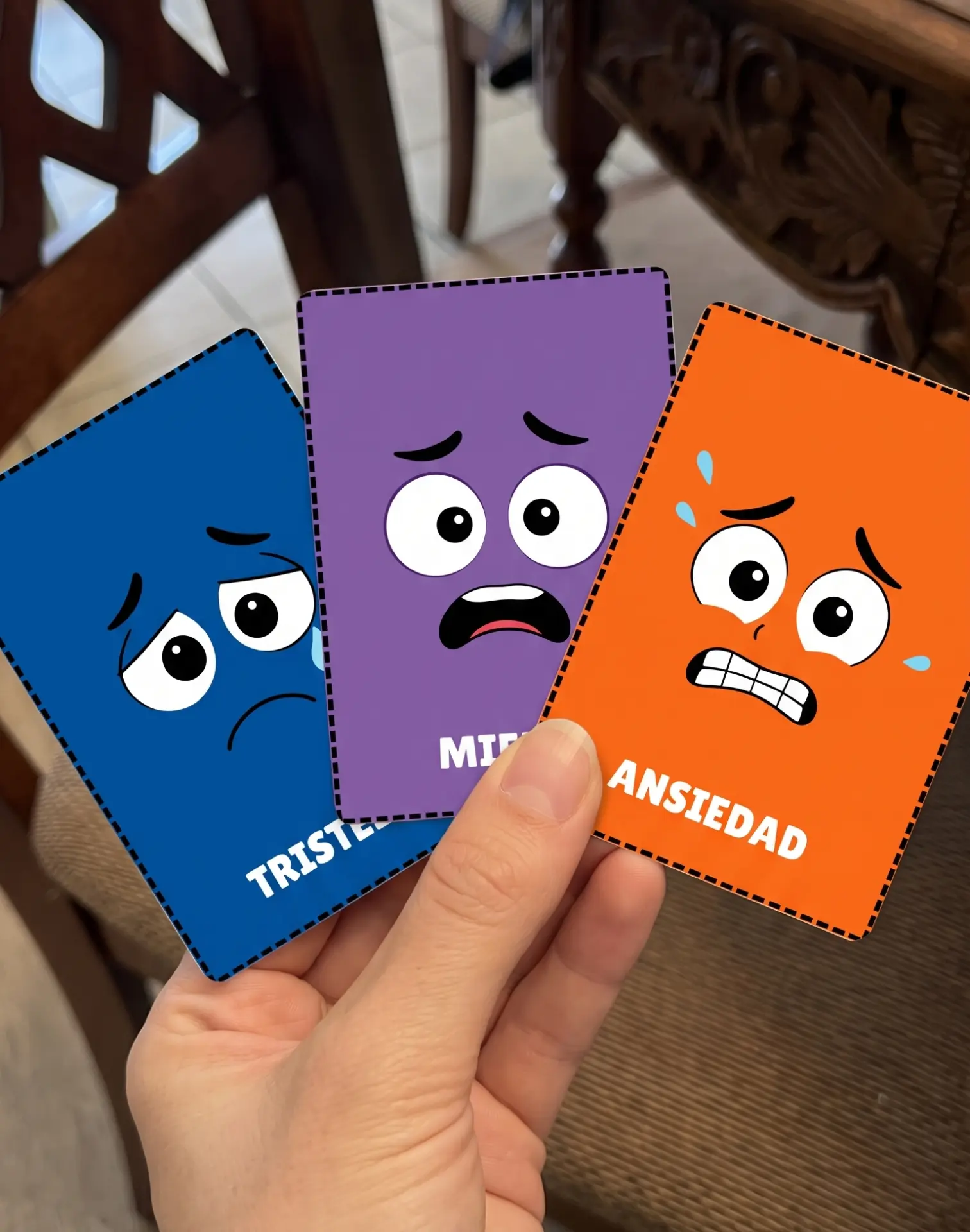 Mano sosteniendo tarjetas de tristeza, miedo y ansiedad