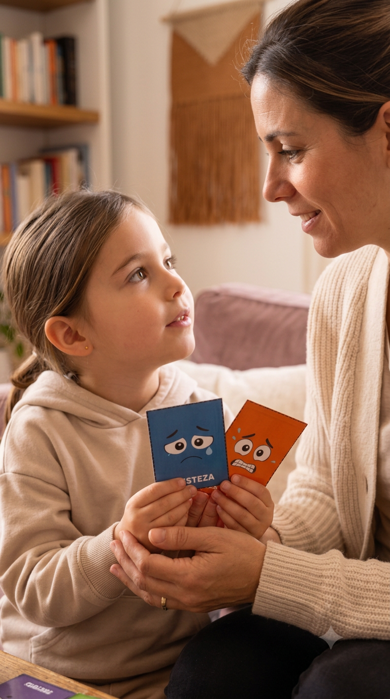 Madre e hija sonriendo mientras juegan con cartas de emociones